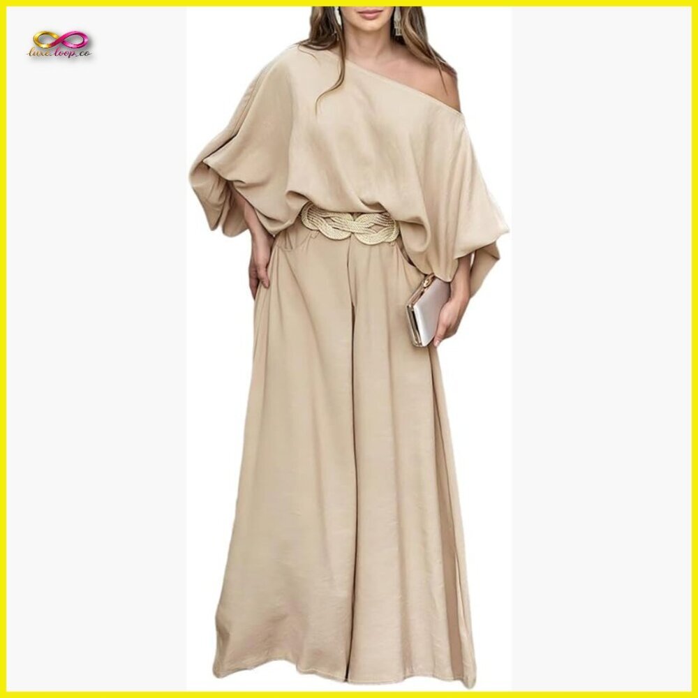 Off Shoulder Top Flowy Wide Leg Pants Set Chic Summer Travel Outfit